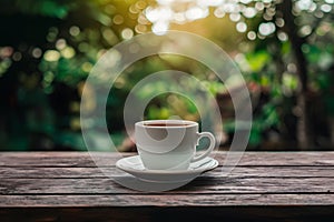 Blank wooden tabletop against blurry natural background