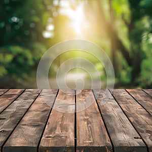 Blank wooden tabletop against blurry natural background