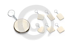 Blank wooden tag on chain mockup, different shapes