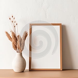 Blank wooden vertical picture frame mock-up on floor. Minimal interior design. Home decor created with Generative AI