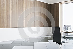 Blank wooden wall in empty conference room with office desk, chairs and window, mockup. 3D Rendering