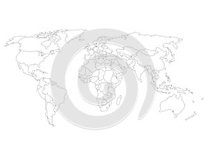 Blank world map with thin black smooth country borders on white background