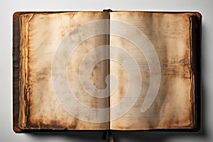 Blank, worn pages of an open book against a white backdrop