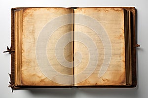 Blank, worn pages of an open book against a white backdrop