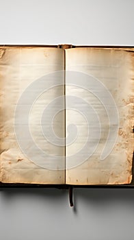 Blank, worn pages of an open book against a white backdrop