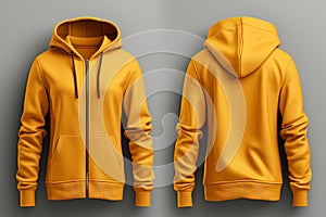 Blank yellow hoodie sweatshirt long sleeve, men hoody with hood for your design mockup for print, isolated on white background
