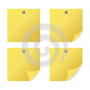 Blank yellow paper set with magnet on white background realistic isolated vector illustration
