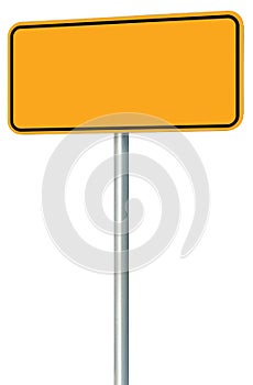 Blank Yellow Road Sign Isolated, Large Perspective Warning Copy Space, Black Frame Roadside Signpost Signboard Pole Post Empty