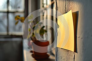 Blank Yellow Sticky Note on Textured Wall.