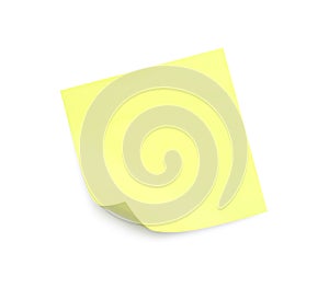 Blank yellow sticky note on white background, top view