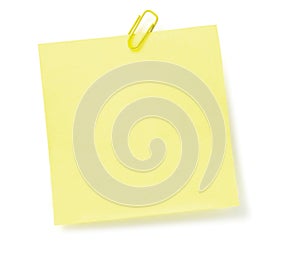 Blank Yellow To-Do List Post-It Style sticker, paperclip, isolated copy space, large detailed closeup