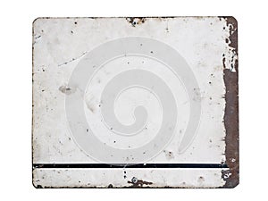 Blanked rusted retro steel signboard plate isolated on white background. Rusty plate with frame and grunge texture for your text