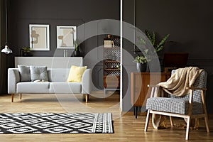 Blanket on armchair in living room interior with patterned carpet, grey sofa and posters. Real photo