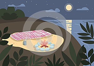 Blanket and bonfire on seashore flat color vector illustration