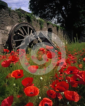 A blanket of deepred poppies growing in the shadows of an old battlescarred cannon. Abandoned landscape. AI generation photo