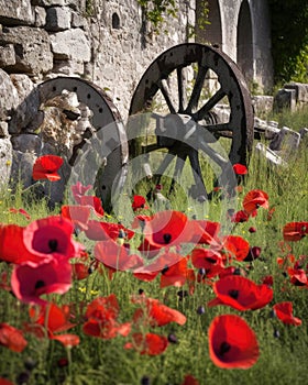 A blanket of deepred poppies growing in the shadows of an old battlescarred cannon. Abandoned landscape. AI generation