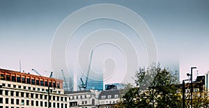 Blanket of fog obscures the skyline of the city of London, UK