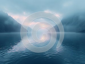 A blanket of fog over a calm lake at dawn