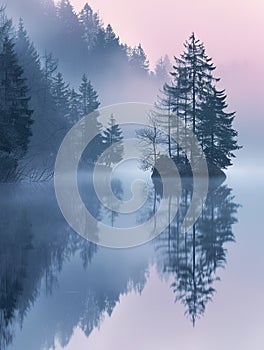 A blanket of fog over a calm lake at dawn