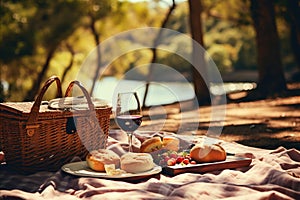blanket with healthy foods such as homemade bread, cheese, wine and fresh fruit. Picnic in forest