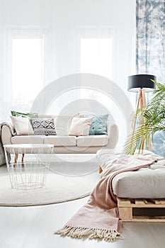 Settee in bright living room photo