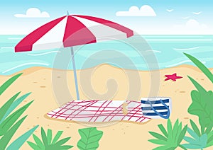 Blanket and sun umbrella on sand beach flat color vector illustration