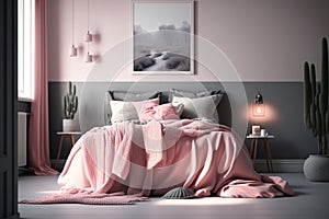 Blankets in pink and grey, a carpet, and posters decorate a modest bedroom with copy space on a white wall