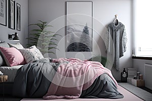 Blankets in pink and grey, a carpet, and posters decorate a modest bedroom with copy space on a white wall