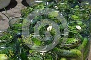 Blanks. Marinated Cucumber. Cucumbers in jars. Pepper. Horizontal