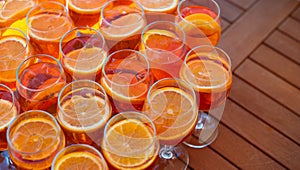 Blanks for a refreshing summer cocktail with vermouth and orange. View from above