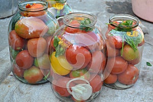 Blanks for the winter. Marinated. Red and yellow tomatoes in jars