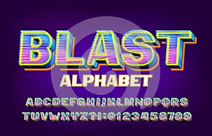 Blast alphabet font. 3D shining letters, numbers and symbols.