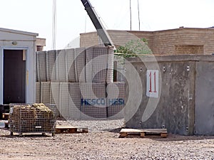 Blast barriers and bunker on a military camp in Iraq
