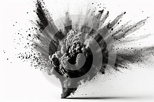 Blast of black powder. Black dust explosion in close up, isolated on a white background.