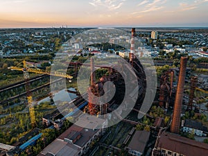 Blast furnace equipment of the metallurgical plant, drone aerial view