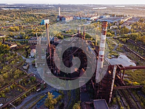 Blast furnace equipment of the metallurgical plant, drone aerial view