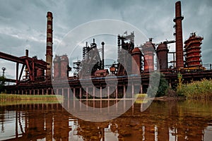 Blast furnace equipment of the metallurgical plant, water reflection