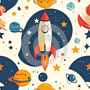 Cartoon Rocket Ship in Space Seamless Pattern