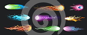 Blasters laser effect mega set in cartoon graphic design. Bundle elements of game handgun shoots with glowing lights, fireballs
