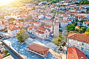 Blato on Korcula island historic town stone square and church aerial view