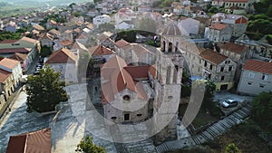 Blato on Korcula island historic town stone square and church aerial view,