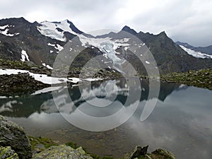 Blaue Lacke lake at Stubai high-altitude hiking trail, lap 6 in Tyrol, Austria