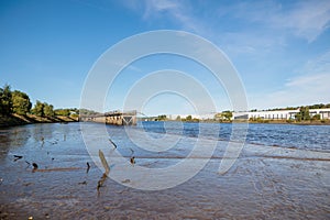 Blaydon England: Sept 2022: View of derwenthaugh staithes view on the River Tyne at low tide sunny day