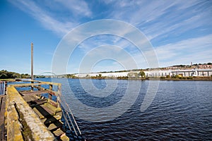 Blaydon England: Sept 2022: View of Newcastle upon Tyne\'s Scotswood Bridge from the Tyne River in Blaydon