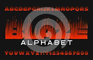 Blaze alphabet font. Flame effect type letters and numbers on dark background.