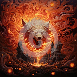 Blaze Art: A Fiery Portrait Of An Angry Wolf In The Style Of Dan Mumford