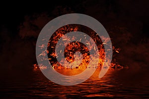Blaze fire flame texture on isolated background with water reflection