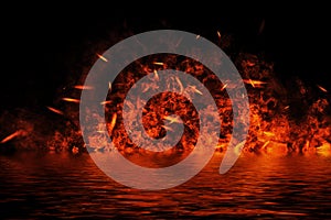 Blaze fire flame texture on isolated background with water reflection