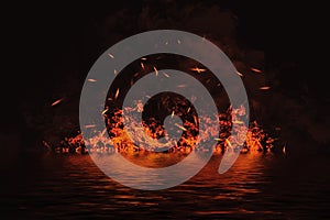 Blaze fire flame texture on isolated background with water reflection