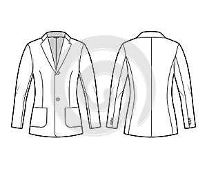 Blazer fitted jacket suit technical fashion illustration with single breasted, long sleeve, notched lapel, patch pockets